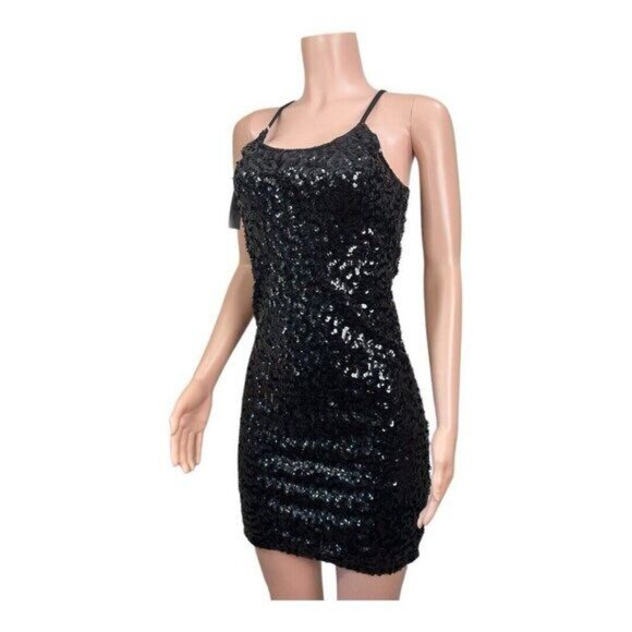 Black Sequin Mini Bodycon Dress With Adjustable Spaghetti Straps - Picture 11 of 13